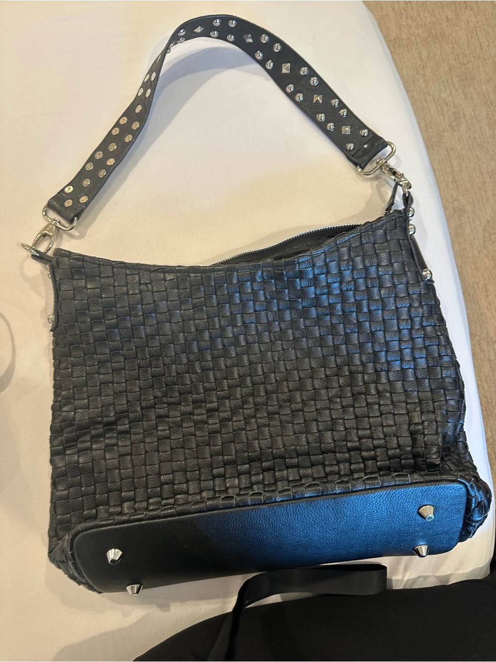 Black Woven Leather Shoulder Bag with Studded Strap